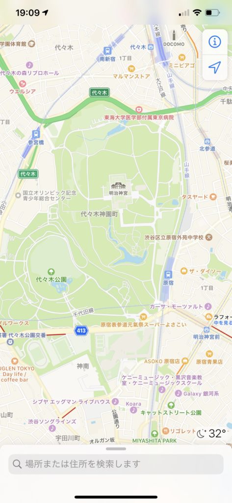 iPhoneのApple標準マップ画面 明治神宮付近