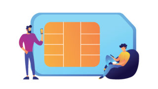 Businessmen using mobile phones and huge SIM card vector illustration